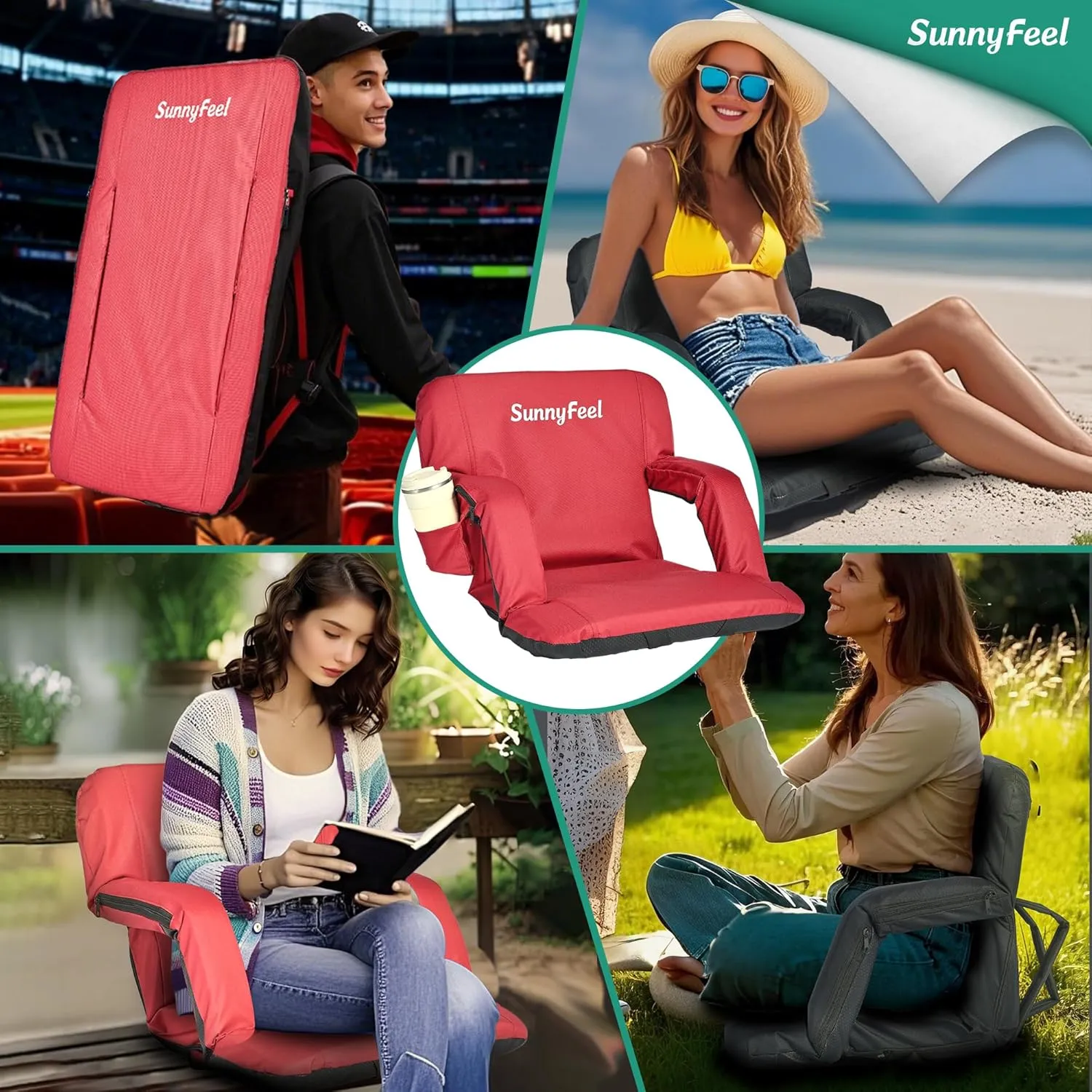 SUNNYFEEL Stadium Seats with Back Support Cushion Wide for Bleachers, Bleacher Chairs with Back and Cushion Padded Portable, Stadium Chairs with 5 Hidden Pockets (Red, Regular Wide 21.26'')