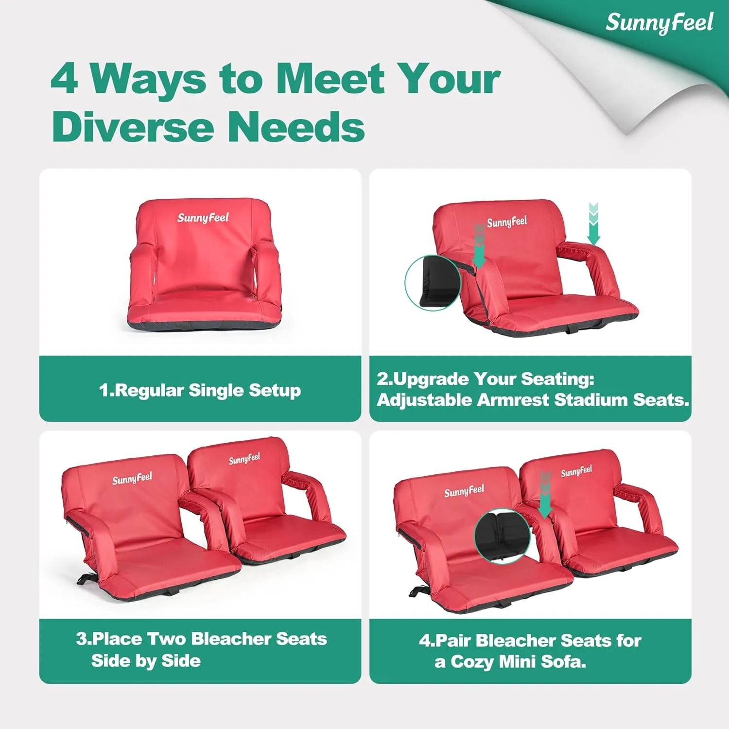 SUNNYFEEL Stadium Seats with Back Support Cushion Wide for Bleachers, Bleacher Chairs with Back and Cushion Padded Portable, Stadium Chairs with 5 Hidden Pockets (Red, Regular Wide 21.26'')