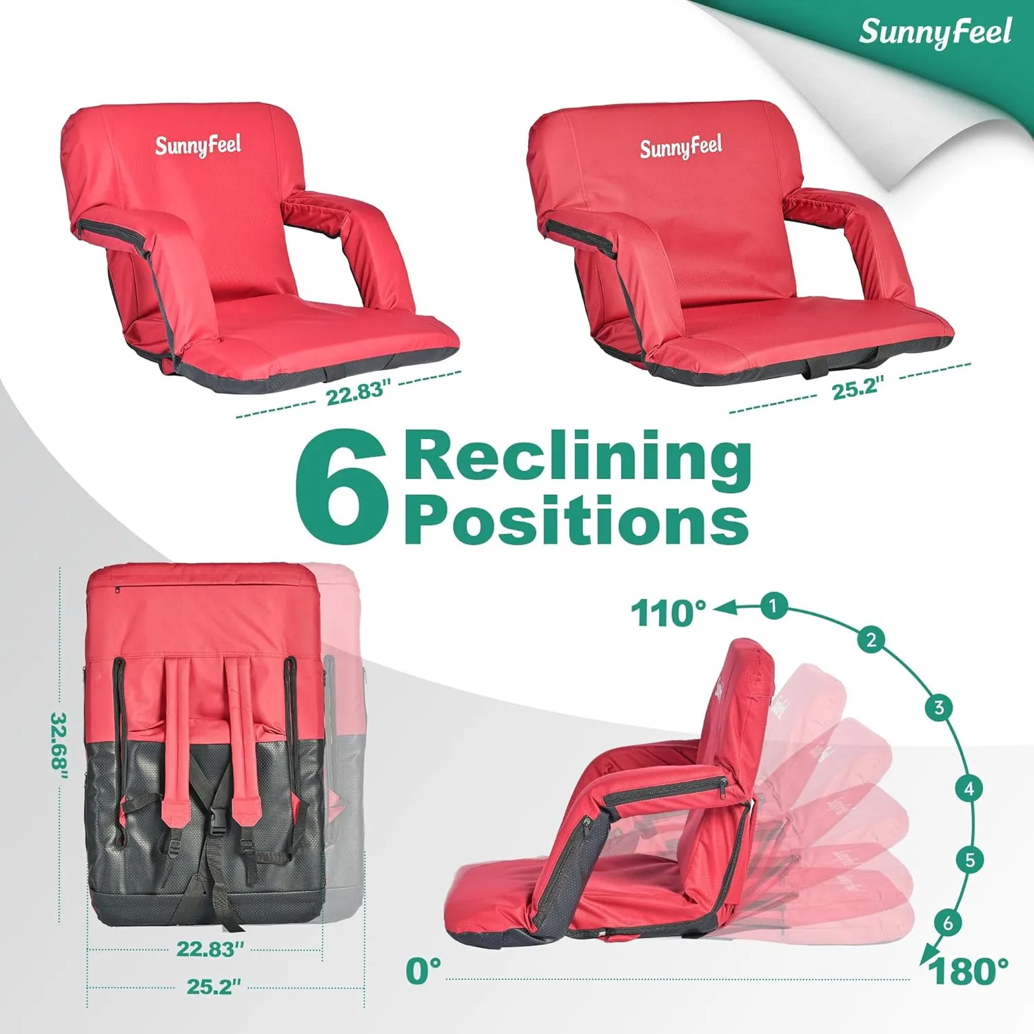 SUNNYFEEL Stadium Seats with Back Support Cushion Wide for Bleachers, Bleacher Chairs with Back and Cushion Padded Portable, Stadium Chairs with 5 Hidden Pockets (Red, Regular Wide 21.26'')
