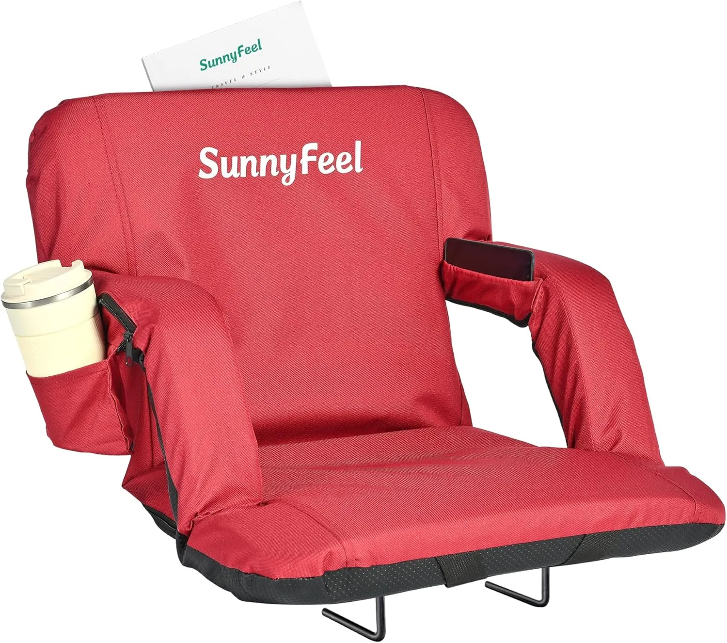 SUNNYFEEL Stadium Seats with Back Support Cushion Wide for Bleachers, Bleacher Chairs with Back and Cushion Padded Portable, Stadium Chairs with 5 Hidden Pockets (Red, Regular Wide 21.26'')