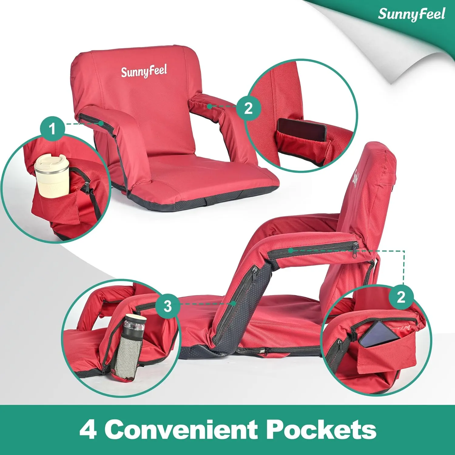 SUNNYFEEL Stadium Seats with Back Support Cushion Wide for Bleachers, Bleacher Chairs with Back and Cushion Padded Portable, Stadium Chairs with 5 Hidden Pockets (Red, Regular Wide 21.26'')
