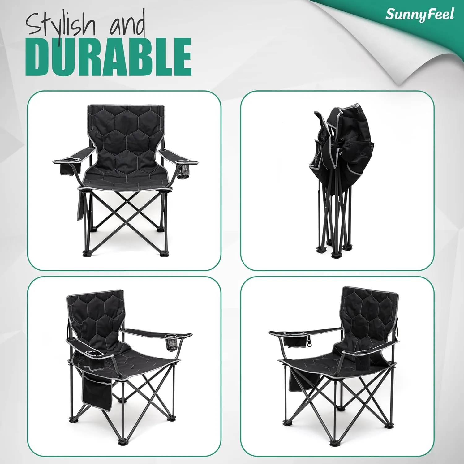 SUNNYFEEL XL Oversized Camping Chair 2 Pack, Folding Camp Chairs for Adults Heavy Duty Big Tall 500 LBS, Padded Portable Quad Arm Lawn Chair with Pocket for Outdoor/Picnic/Beach/Sports