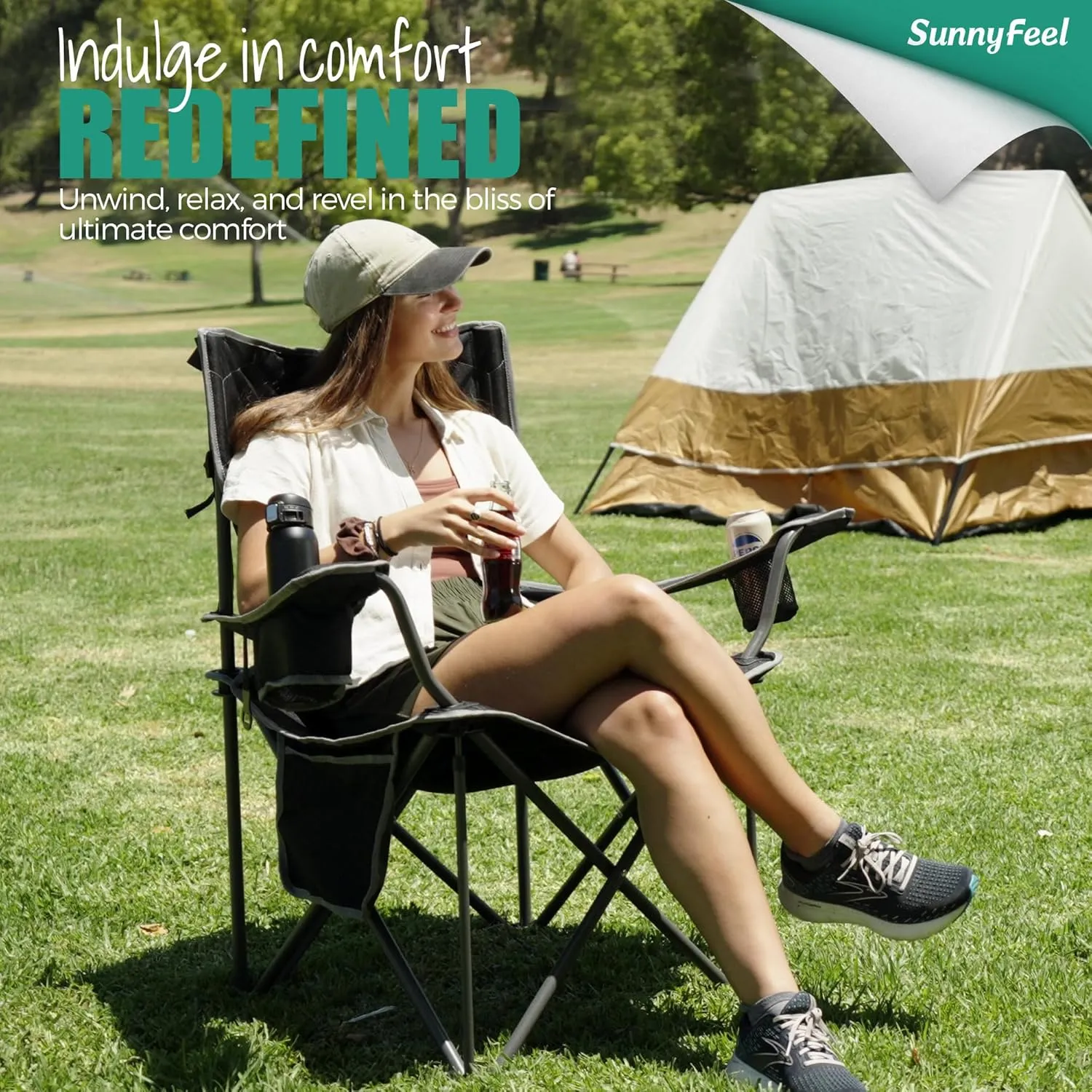 SUNNYFEEL XL Oversized Camping Chair 2 Pack, Folding Camp Chairs for Adults Heavy Duty Big Tall 500 LBS, Padded Portable Quad Arm Lawn Chair with Pocket for Outdoor/Picnic/Beach/Sports