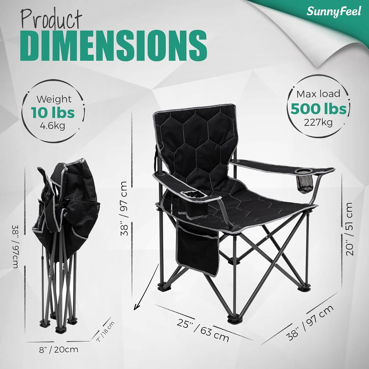 SUNNYFEEL XL Oversized Camping Chair 2 Pack, Folding Camp Chairs for Adults Heavy Duty Big Tall 500 LBS, Padded Portable Quad Arm Lawn Chair with Pocket for Outdoor/Picnic/Beach/Sports