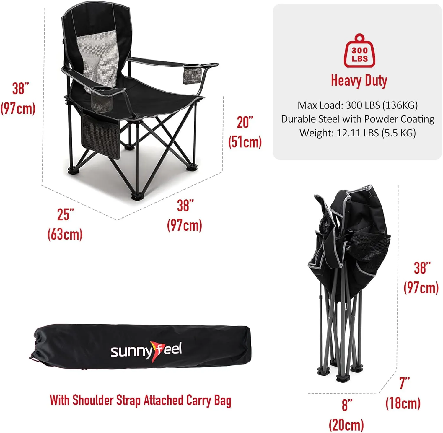 SUNNYFEEL XXL Oversized Camping Chair Heavy Duty 300 LBS for Big Tall People Above 6'4 Padded Portable Folding Sports Lawn Chairs with Armrest Cup Holder & Pocket for Outdoor/Travel/Picnic/Camp