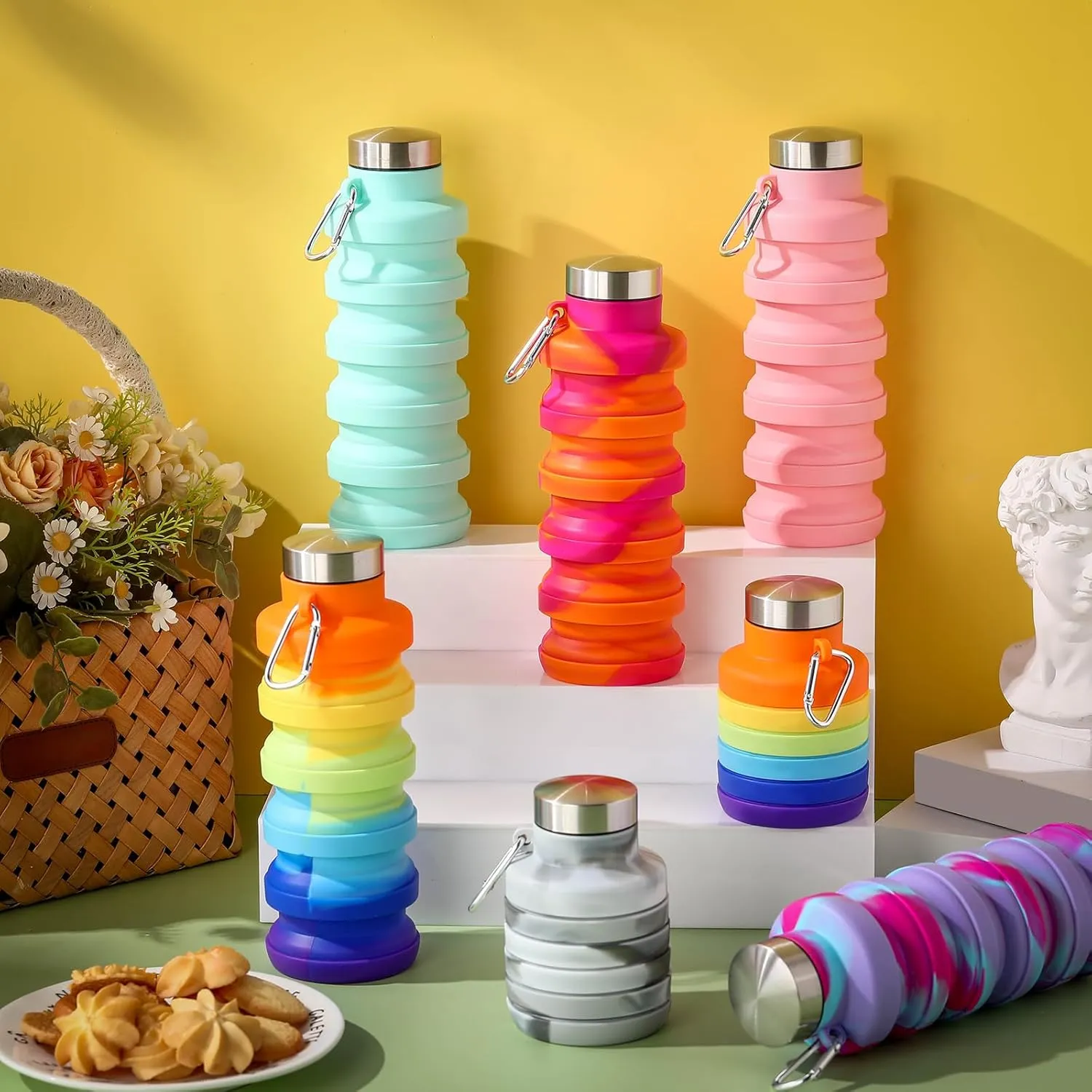 Sunnyray 20 Pack Collapsible Water Bottles Bulk Foldable Water Bottles 17oz Silicone Portable Leak Proof Reusable Sports with Clip for Travel Hiking Camping Outdoor(Tie-dye)