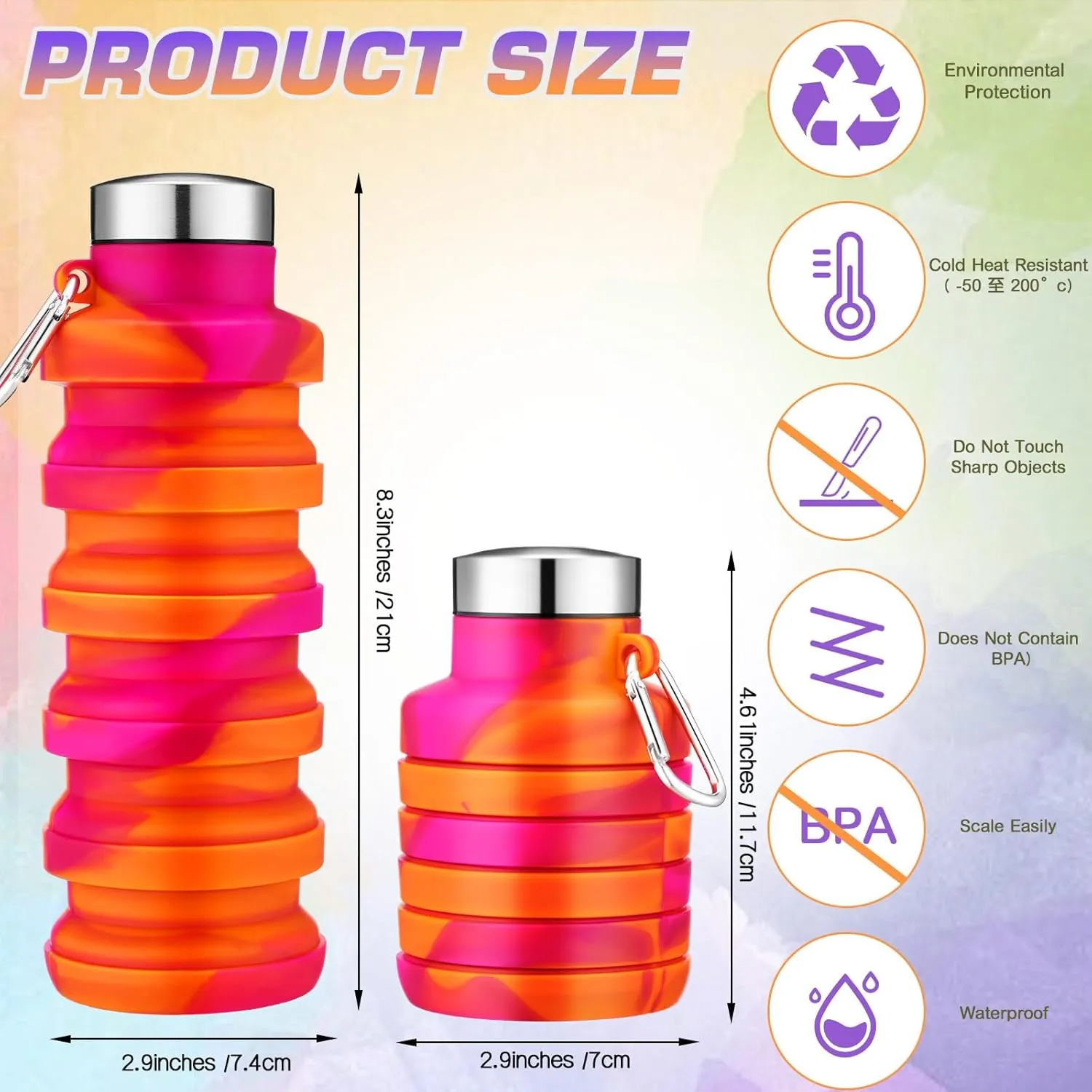 Sunnyray 20 Pack Collapsible Water Bottles Bulk Foldable Water Bottles 17oz Silicone Portable Leak Proof Reusable Sports with Clip for Travel Hiking Camping Outdoor(Tie-dye)