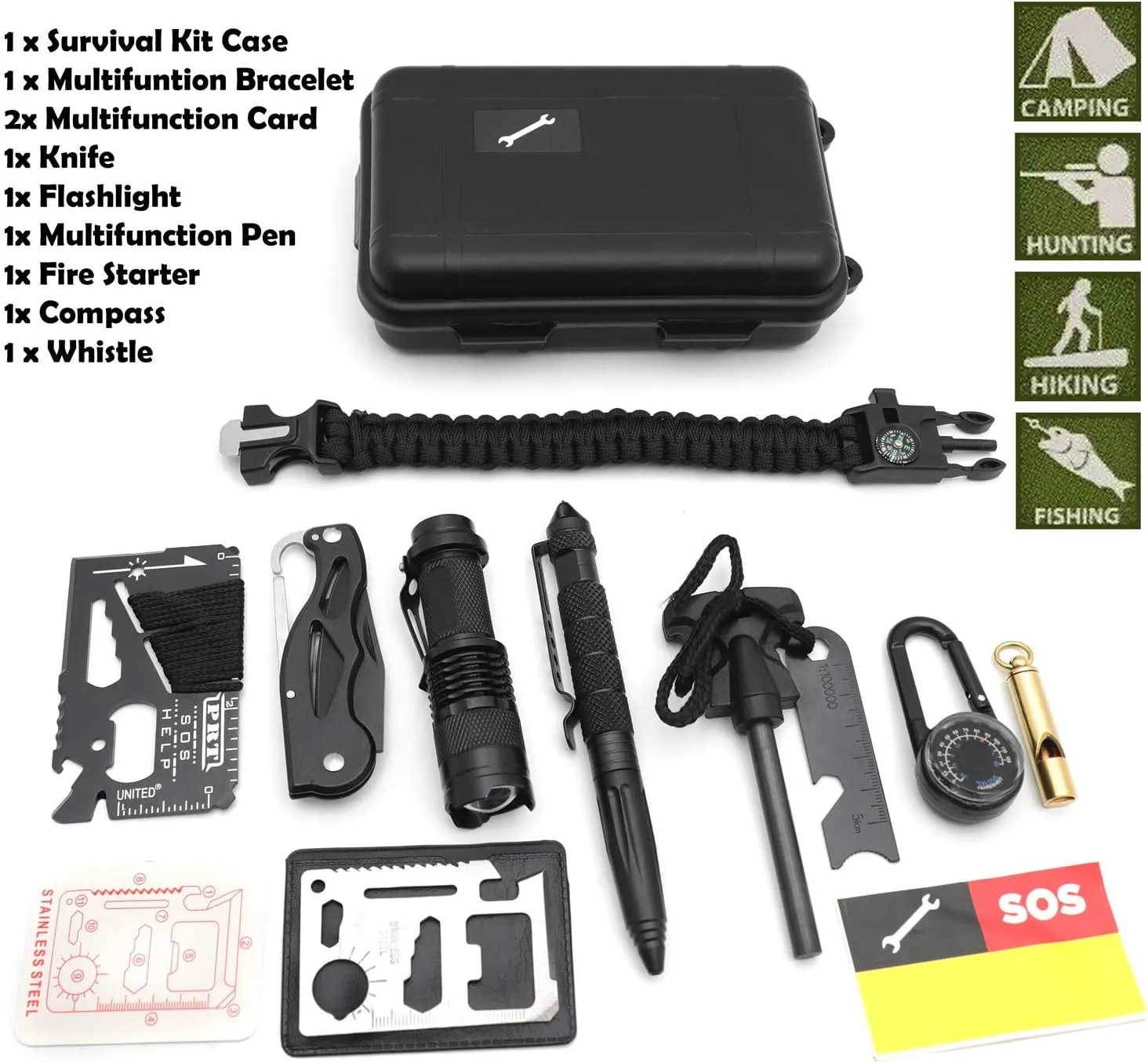 Survival Gear Equipment 10 in 1, Emergency Kit, Outdoor Military Survival Gear Tool with Survival Bracelet, Compass, Fire Starter, Multipo Knife, Swiss Card, Flashlight, Whistle, Pen