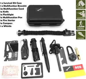 Survival Gear Equipment 10 in 1, Emergency Kit, Outdoor Military Survival Gear Tool with Survival Bracelet, Compass, Fire Starter, Multipo Knife, Swiss Card, Flashlight, Whistle, Pen