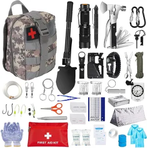 Survival Kits & First Aid Kit, Emergency Kit Tactical Tools Supplies Bag with Shovel Fire Starter, Thermal Blanket for Outdoor Hunting, Hiking, Fishing, Camping Scout