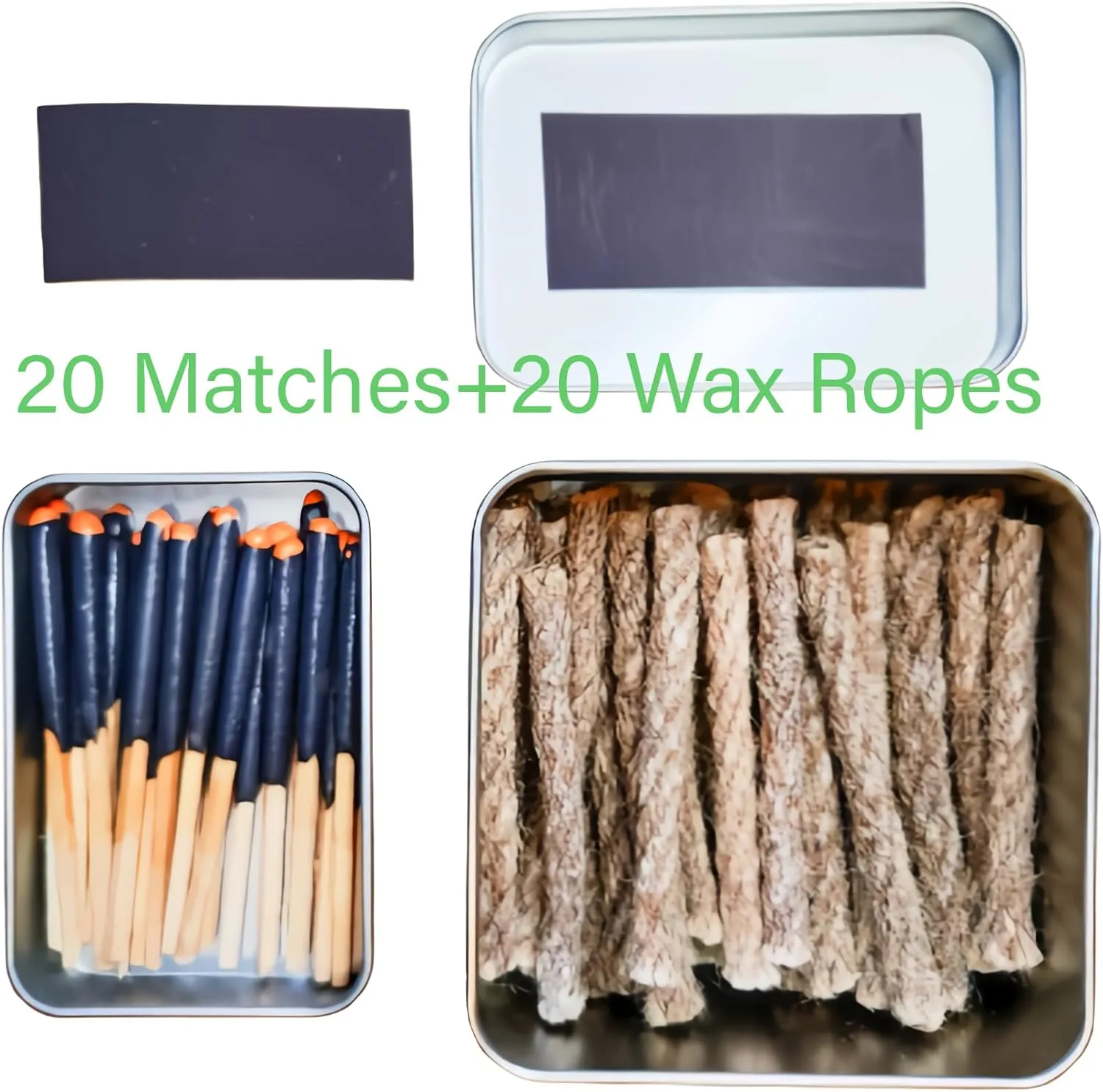 Survival Waterproof Matches Kit – 20/40/60 Fire Matches   Extra Striker in Metal Tin, Waxed Tinder Cords – Stormproof Windproof Fire Starter for Camping & Emergency