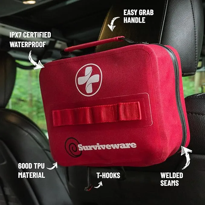 Surviveware Waterproof First Aid Kit - Survival Emergency Preparedness for Travel Camping Gear, Survival Kits, Home Essentials and Outdoor Emergencies - Large 200 Piece