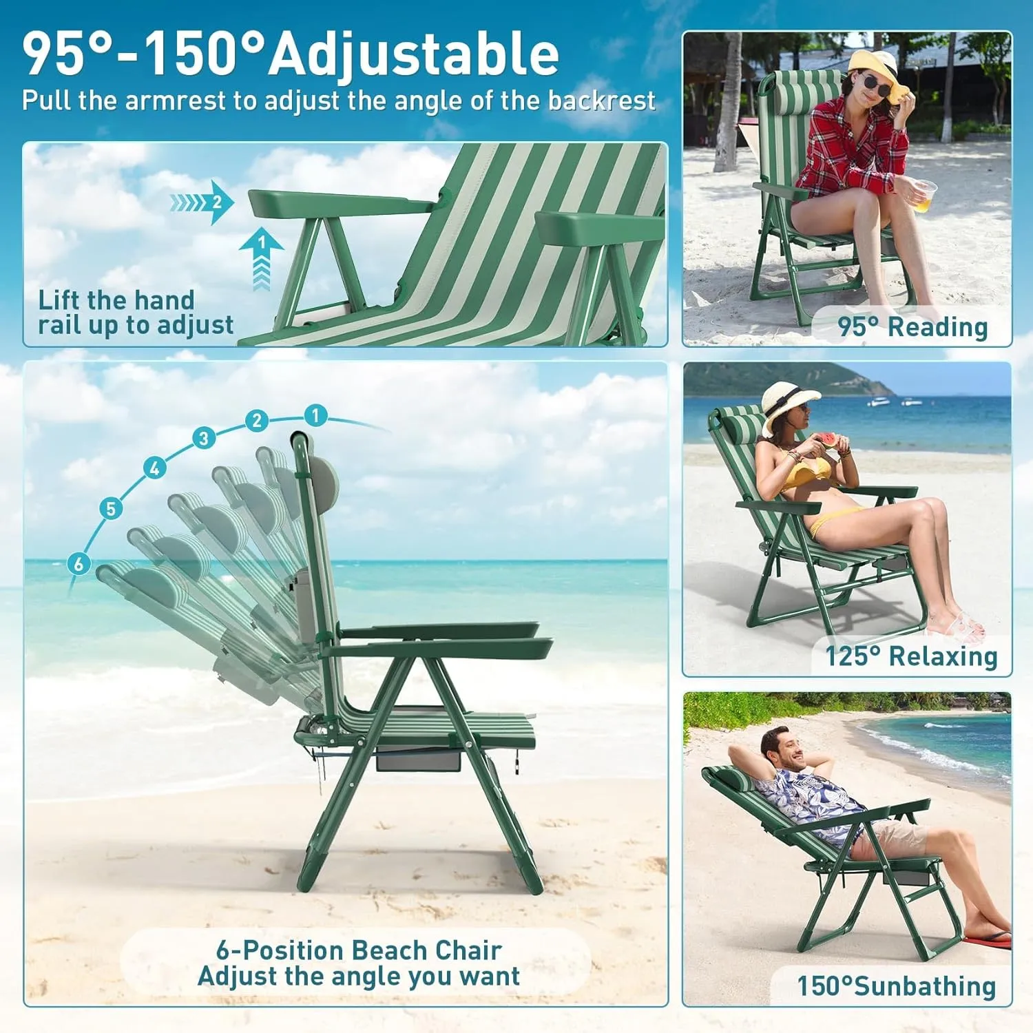 Suteck Backpack Beach Chair, 6-Positions Beach Chairs for Adults with Cooler Bag, Reclining Beach Chair with Cup Holder Folding Camping Chair for Sand Outdoor