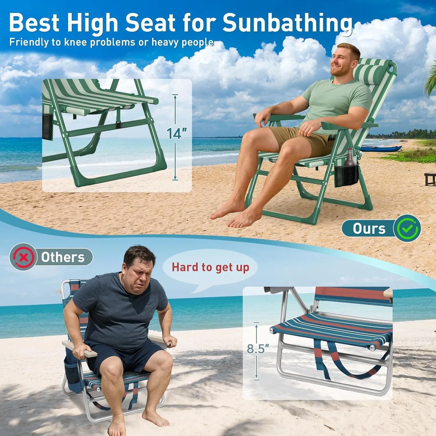 Suteck Backpack Beach Chair, 6-Positions Beach Chairs for Adults with Cooler Bag, Reclining Beach Chair with Cup Holder Folding Camping Chair for Sand Outdoor