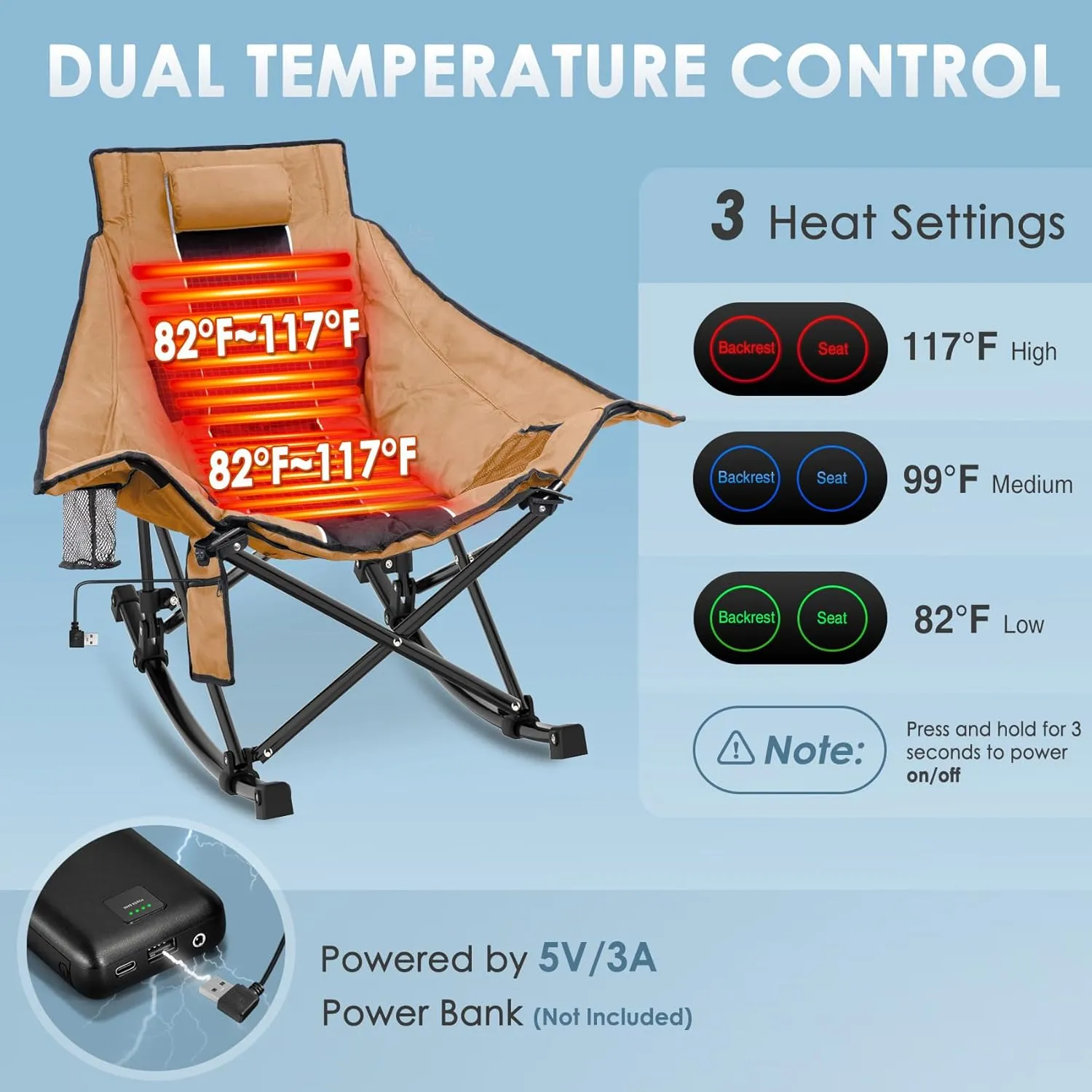Suteck Heated Rocking Camping Chair, XL Oversized Rocking Chair Outdoor with 3 Heat Levels for Back and Seat, Heated Chairs Outdoor Sports for Patio Lawn Picnic Travel, Power Bank（Not Included）
