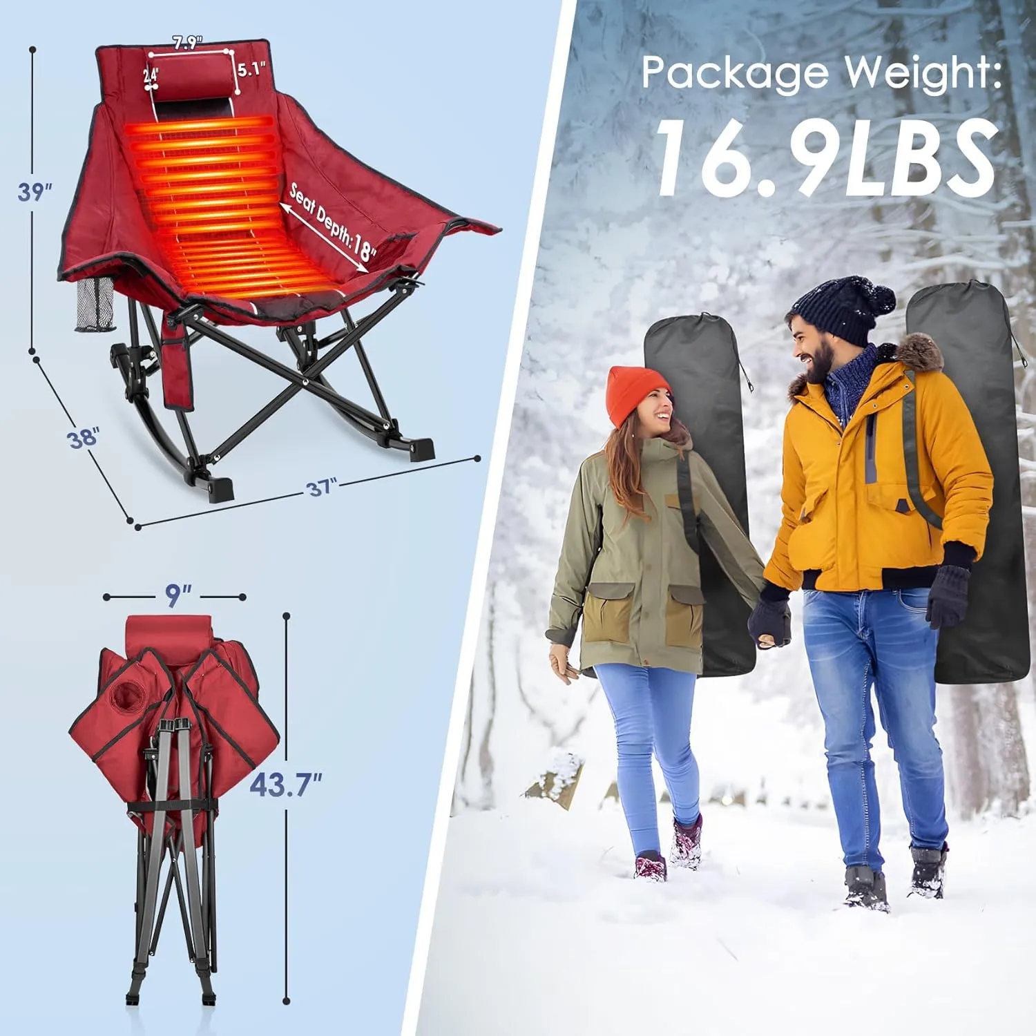 Suteck Heated Rocking Camping Chair, XL Oversized Rocking Chair Outdoor with 3 Heat Levels for Back and Seat, Heated Chairs Outdoor Sports for Patio Lawn Picnic Travel, Power Bank（Not Included）
