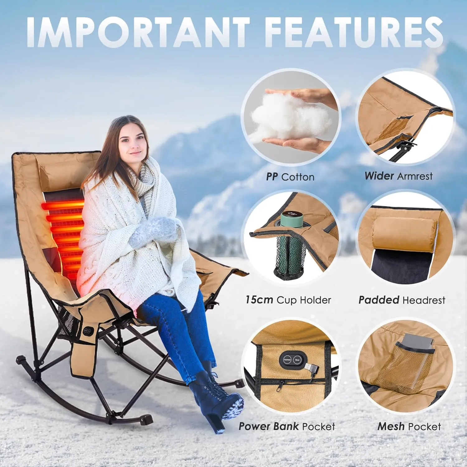 Suteck Heated Rocking Camping Chair, XL Oversized Rocking Chair Outdoor with 3 Heat Levels for Back and Seat, Heated Chairs Outdoor Sports for Patio Lawn Picnic Travel, Power Bank（Not Included）