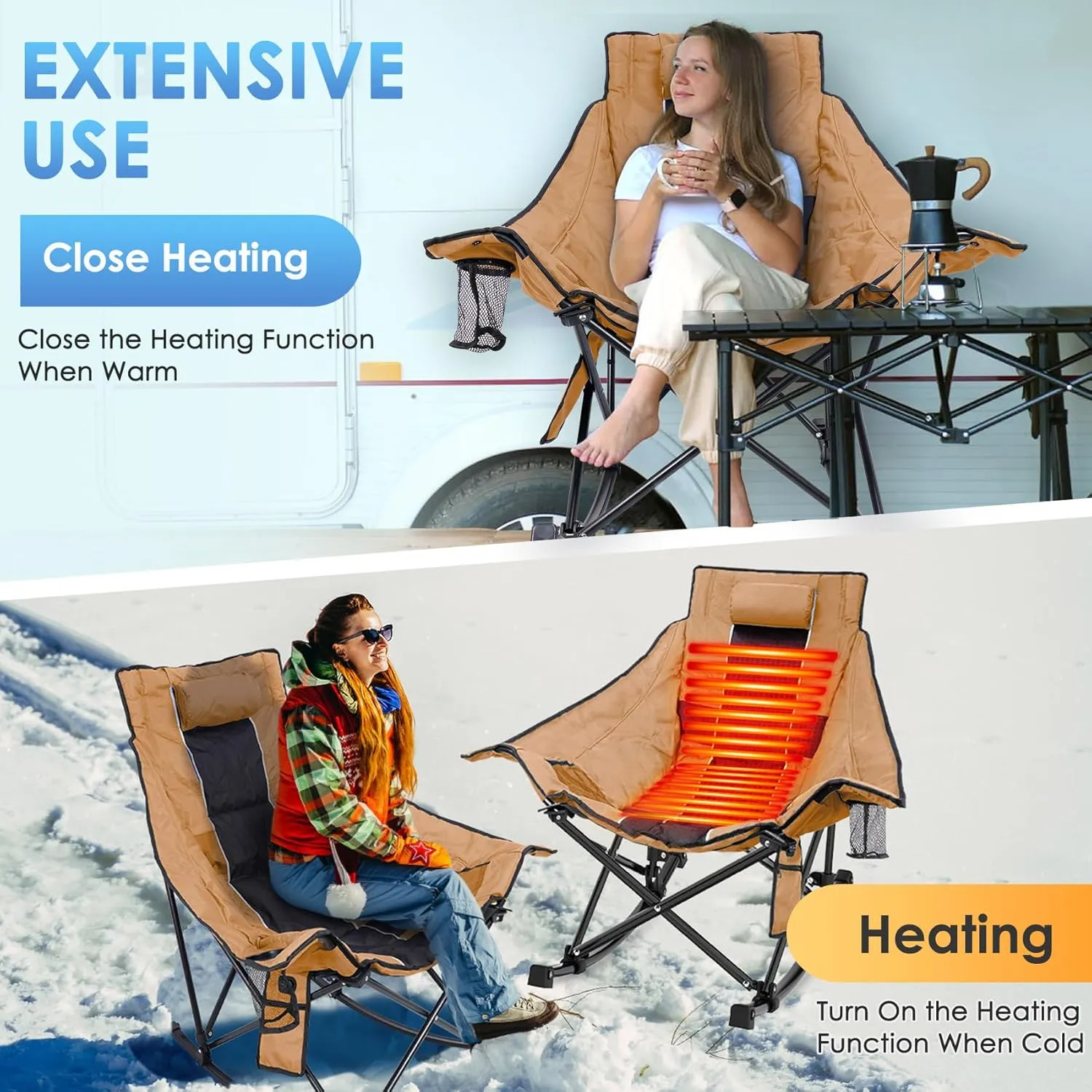 Suteck Heated Rocking Camping Chair, XL Oversized Rocking Chair Outdoor with 3 Heat Levels for Back and Seat, Heated Chairs Outdoor Sports for Patio Lawn Picnic Travel, Power Bank（Not Included）
