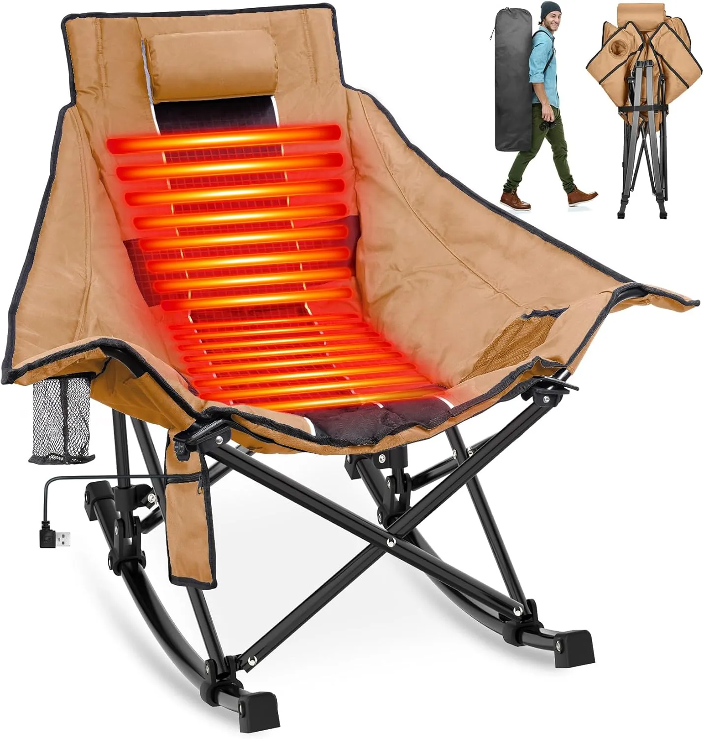 Suteck Heated Rocking Camping Chair, XL Oversized Rocking Chair Outdoor with 3 Heat Levels for Back and Seat, Heated Chairs Outdoor Sports for Patio Lawn Picnic Travel, Power Bank（Not Included）