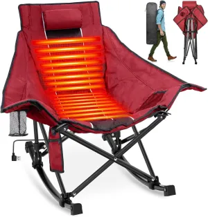Suteck Heated Rocking Camping Chair, XL Oversized Rocking Chair Outdoor with 3 Heat Levels for Back and Seat, Heated Chairs Outdoor Sports for Patio Lawn Picnic Travel, Power Bank（Not Included）