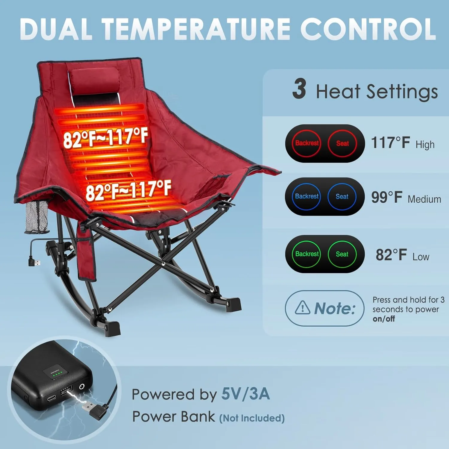 Suteck Heated Rocking Camping Chair, XL Oversized Rocking Chair Outdoor with 3 Heat Levels for Back and Seat, Heated Chairs Outdoor Sports for Patio Lawn Picnic Travel, Power Bank（Not Included）