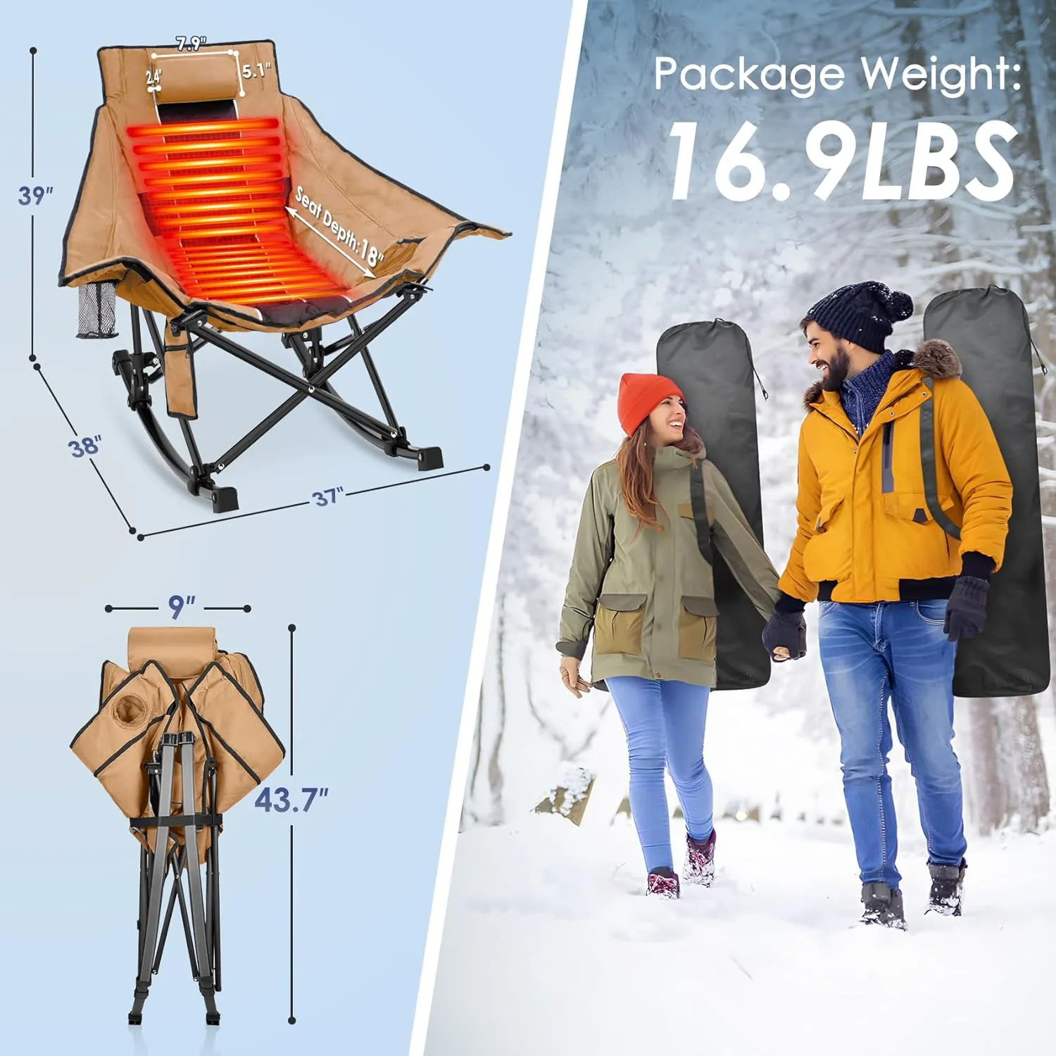 Suteck Heated Rocking Camping Chair, XL Oversized Rocking Chair Outdoor with 3 Heat Levels for Back and Seat, Heated Chairs Outdoor Sports for Patio Lawn Picnic Travel, Power Bank（Not Included）