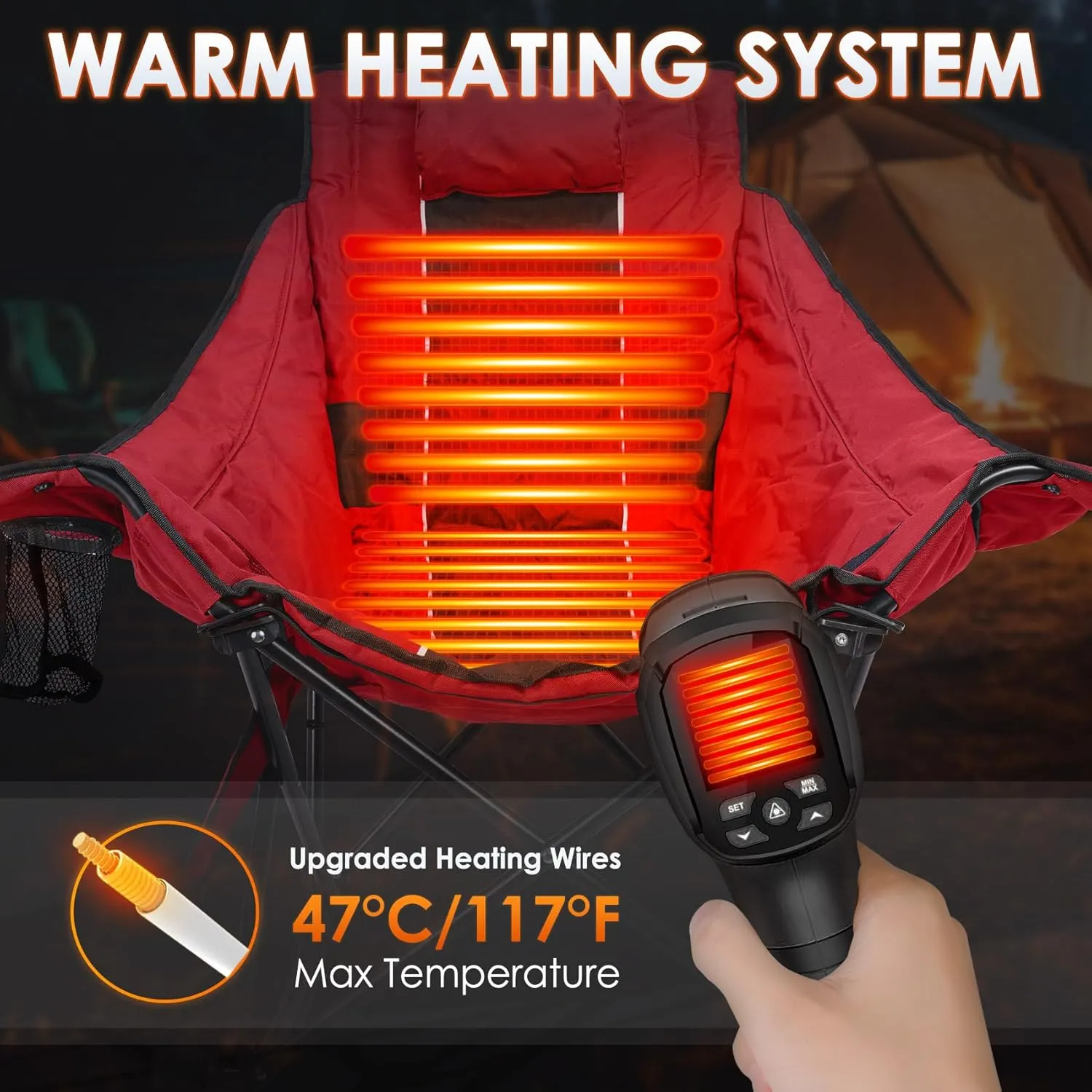 Suteck Heated Rocking Camping Chair, XL Oversized Rocking Chair Outdoor with 3 Heat Levels for Back and Seat, Heated Chairs Outdoor Sports for Patio Lawn Picnic Travel, Power Bank（Not Included）