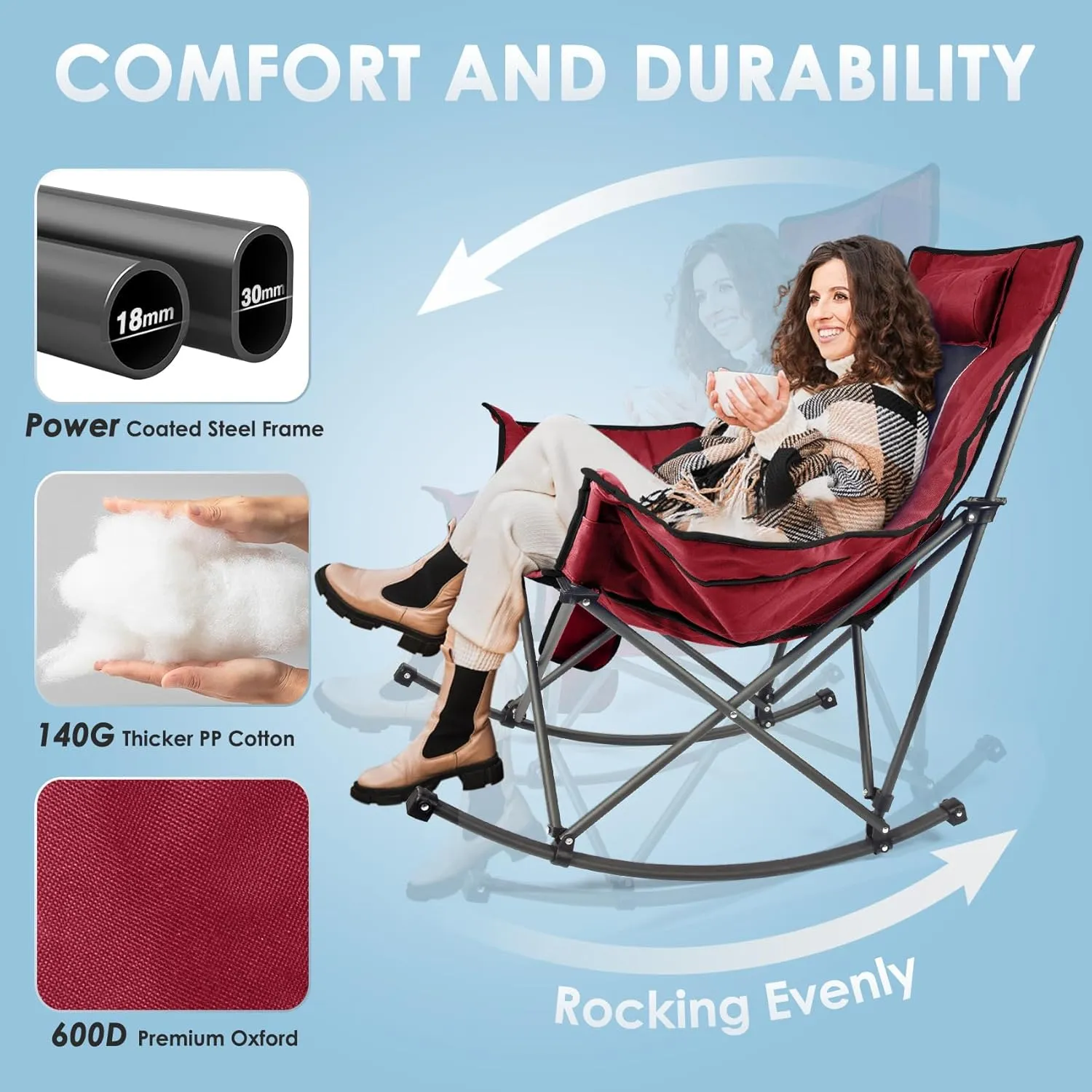 Suteck Heated Rocking Camping Chair, XL Oversized Rocking Chair Outdoor with 3 Heat Levels for Back and Seat, Heated Chairs Outdoor Sports for Patio Lawn Picnic Travel, Power Bank（Not Included）