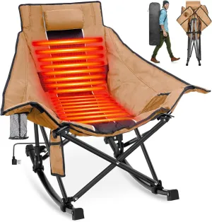Suteck Heated Rocking Camping Chair, XL Oversized Rocking Chair Outdoor with 3 Heat Levels for Back and Seat, Heated Chairs Outdoor Sports for Patio Lawn Picnic Travel, Power Bank（Not Included）