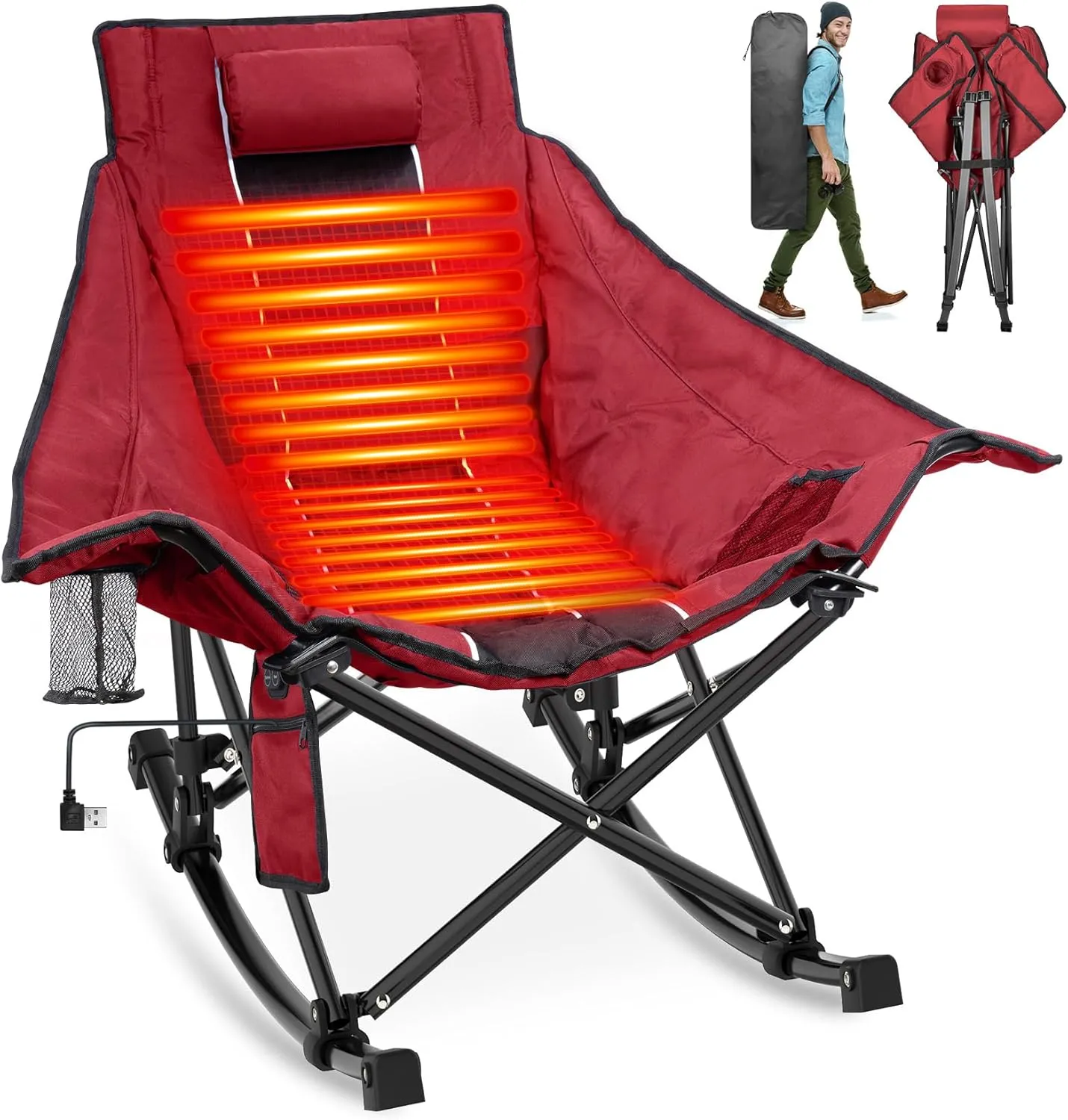Suteck Heated Rocking Camping Chair, XL Oversized Rocking Chair Outdoor with 3 Heat Levels for Back and Seat, Heated Chairs Outdoor Sports for Patio Lawn Picnic Travel, Power Bank（Not Included）