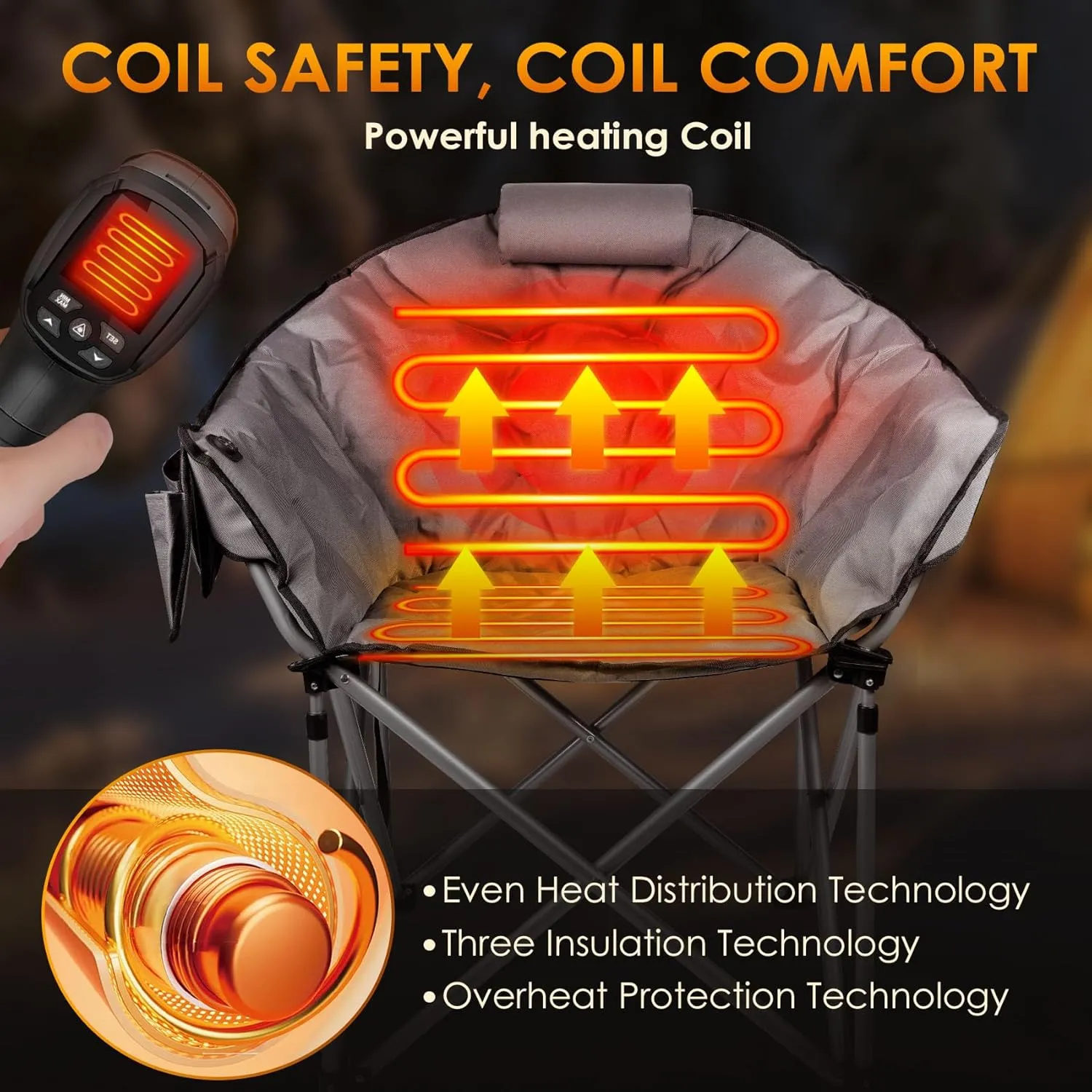 Suteck Oversized Heated Camping Chair, Heated Chairs Outdoor Sports W/3 Heat Levels for Back & Seat, Portable Folding Heated Lawn Chairs for Patio Outdoor Travel, (Battery NOT Included)
