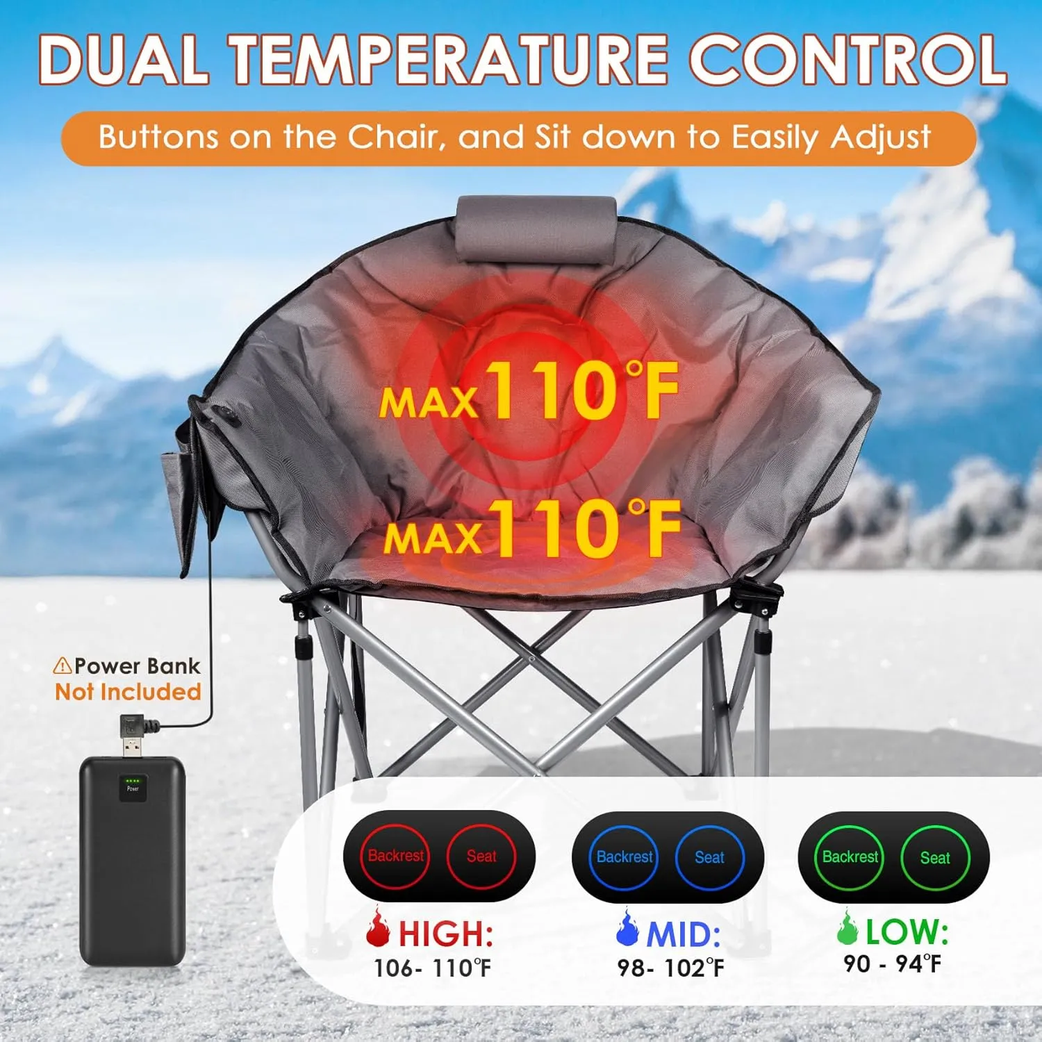 Suteck Oversized Heated Camping Chair, Heated Chairs Outdoor Sports W/3 Heat Levels for Back & Seat, Portable Folding Heated Lawn Chairs for Patio Outdoor Travel, (Battery NOT Included)