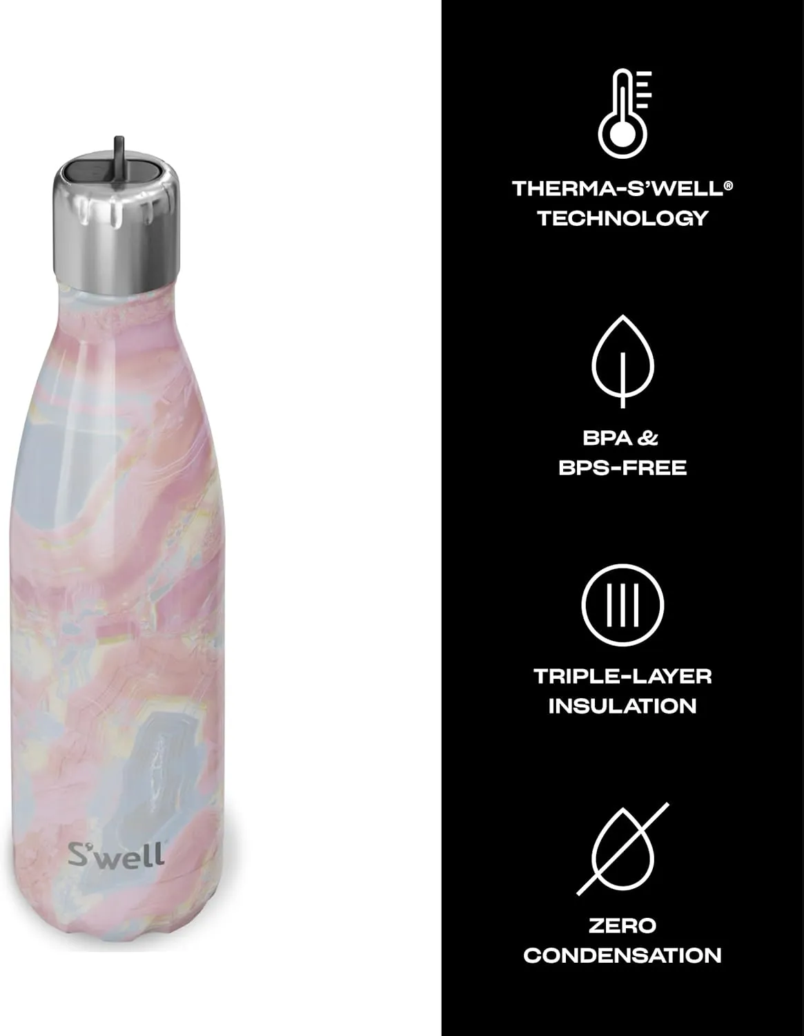 S'well Stainless Steel Water Bottle with Flip Straw Cap, 17oz, Geode Rose, Triple Layered Vacuum Insulated Containers Keeps Drinks Cold for 36 Hours and Hot for 10, Perfect for On the Go