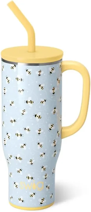 Swig Life 30oz Mega Mug, 30 oz Tumbler with Handle and Straw, Cup Holder Friendly, Dishwasher Safe, Extra Large Insulated Tumbler, Stainless Steel Water Bottle (Busy Bee)