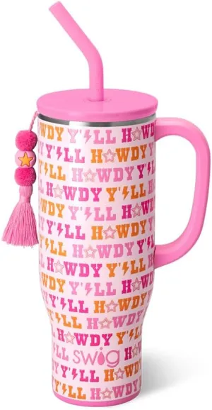 Swig Life 30oz Mega Mug, 30 oz Tumbler with Handle and Straw, Cup Holder Friendly, Dishwasher Safe, Extra Large Insulated Tumbler, Stainless Steel Water Bottle (Howdy Yall)