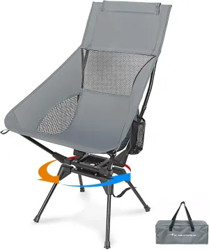 Swivel Folding Chair, High Back Camping Chair with Head Support, Side Cup Pocket, Stable Portable Outdoor Chair for Camp, Travel, Beach, Party, Fishing (Grey)