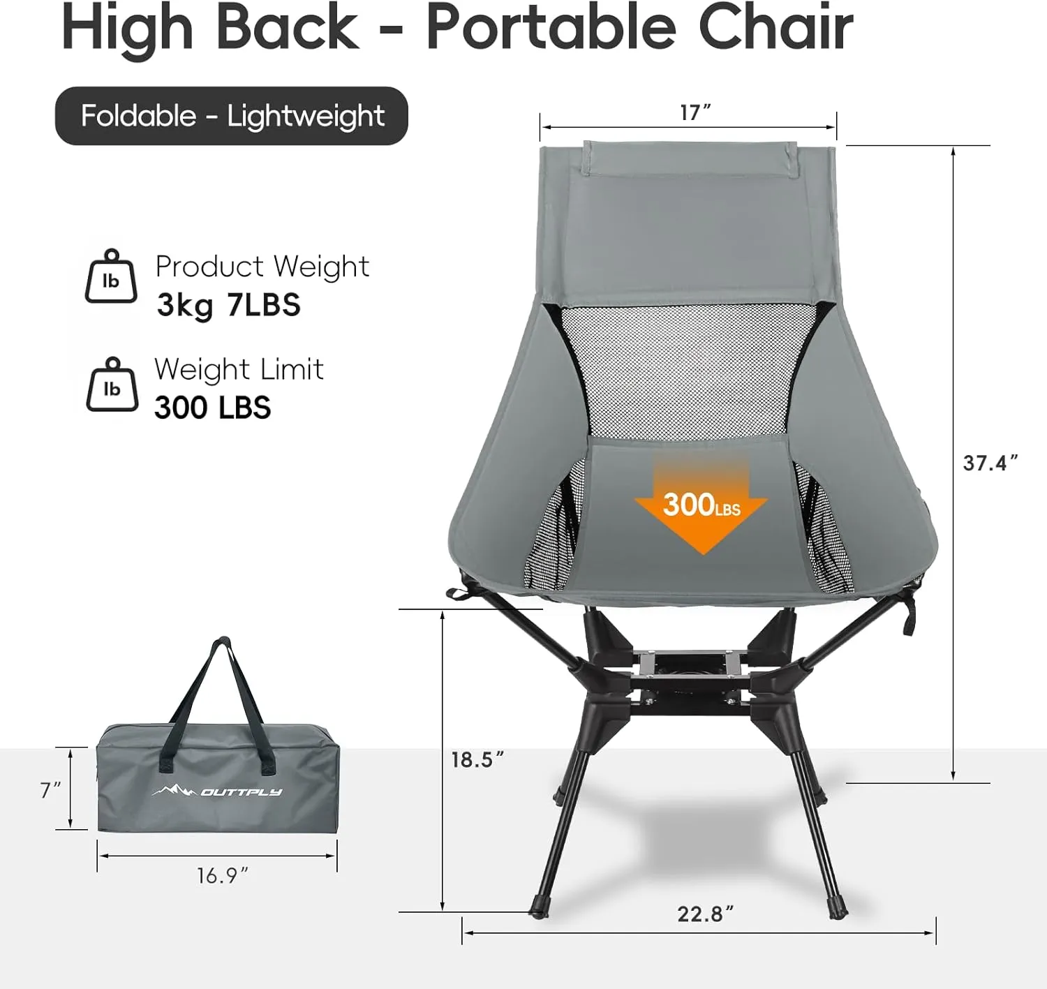 Swivel Folding Chair, High Back Camping Chair with Head Support, Side Cup Pocket, Stable Portable Outdoor Chair for Camp, Travel, Beach, Party, Fishing (Grey)