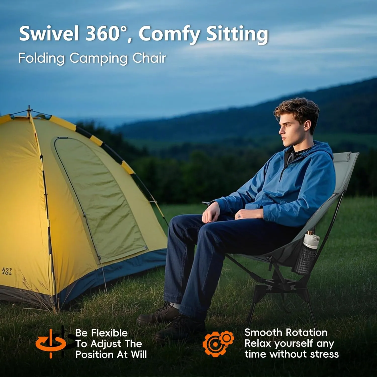 Swivel Folding Chair, High Back Camping Chair with Head Support, Side Cup Pocket, Stable Portable Outdoor Chair for Camp, Travel, Beach, Party, Fishing (Grey)