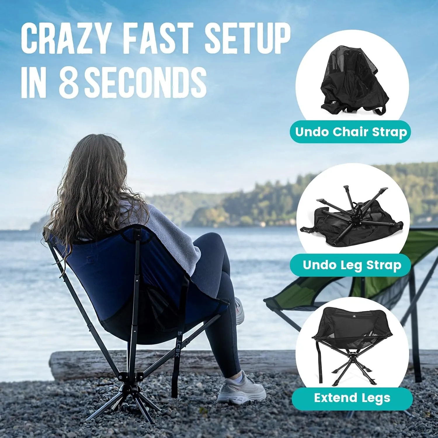 Swivel Portable Chair - Small Compact Collapsible Folding Chairs for Adults, Setup in 8 Seconds, Lightweight Outdoor Backpack Chair for Camping, Travel, Hiking, Beach, Support 300 LBS