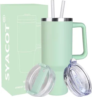 SYACOT 40 oz Tumbler with Handle and Straw Stainless Steel Insulated Tumbler Leak Proof Lid and Straw Lid Reusable Travel Mug Coffee Mug Cup Dishwasher Safe Keep Drinks Cold and Hot (Jade)