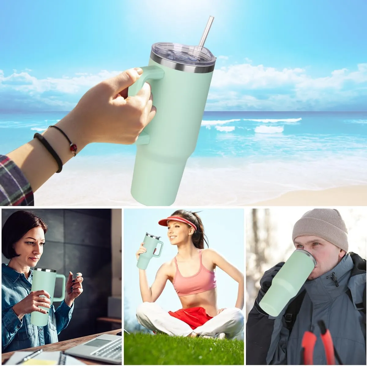SYACOT 40 oz Tumbler with Handle and Straw Stainless Steel Insulated Tumbler Leak Proof Lid and Straw Lid Reusable Travel Mug Coffee Mug Cup Dishwasher Safe Keep Drinks Cold and Hot (Jade)