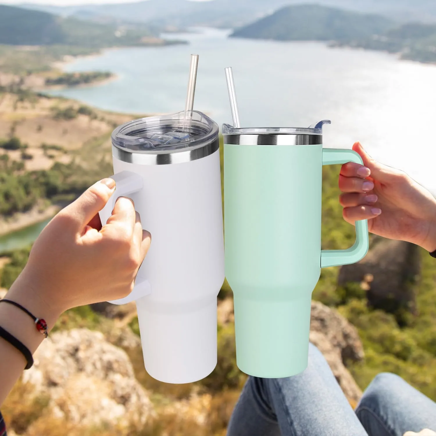 SYACOT 40 oz Tumbler with Handle and Straw Stainless Steel Insulated Tumbler Leak Proof Lid and Straw Lid Reusable Travel Mug Coffee Mug Cup Dishwasher Safe Keep Drinks Cold and Hot (Jade)