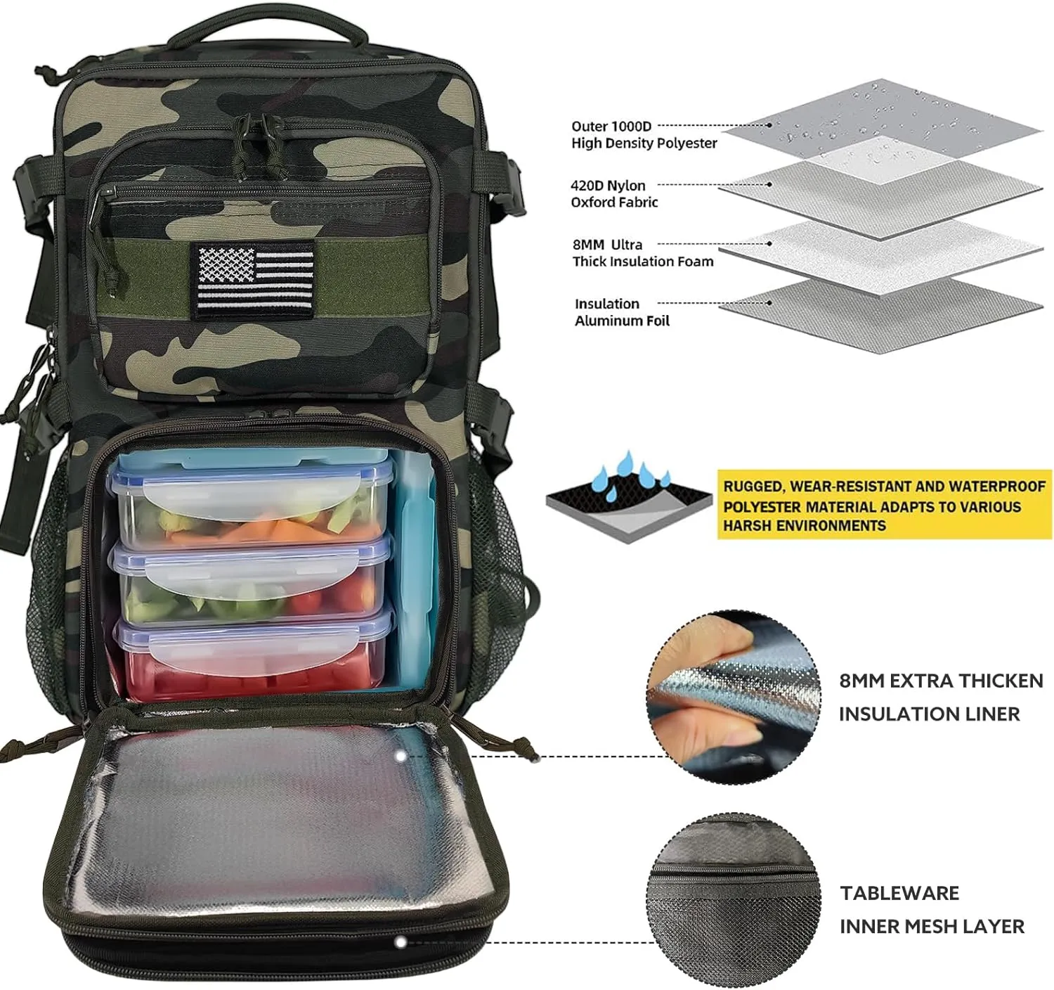 Tactical Meal Prep Backpack,519 Fitness Insulated Lunch Backpack with Removable Meal Compartment,16 Hours Insulation,Hiking Lunch Rucksack with Molle,Heavy Duty Hydration Backpack (Green Camo)