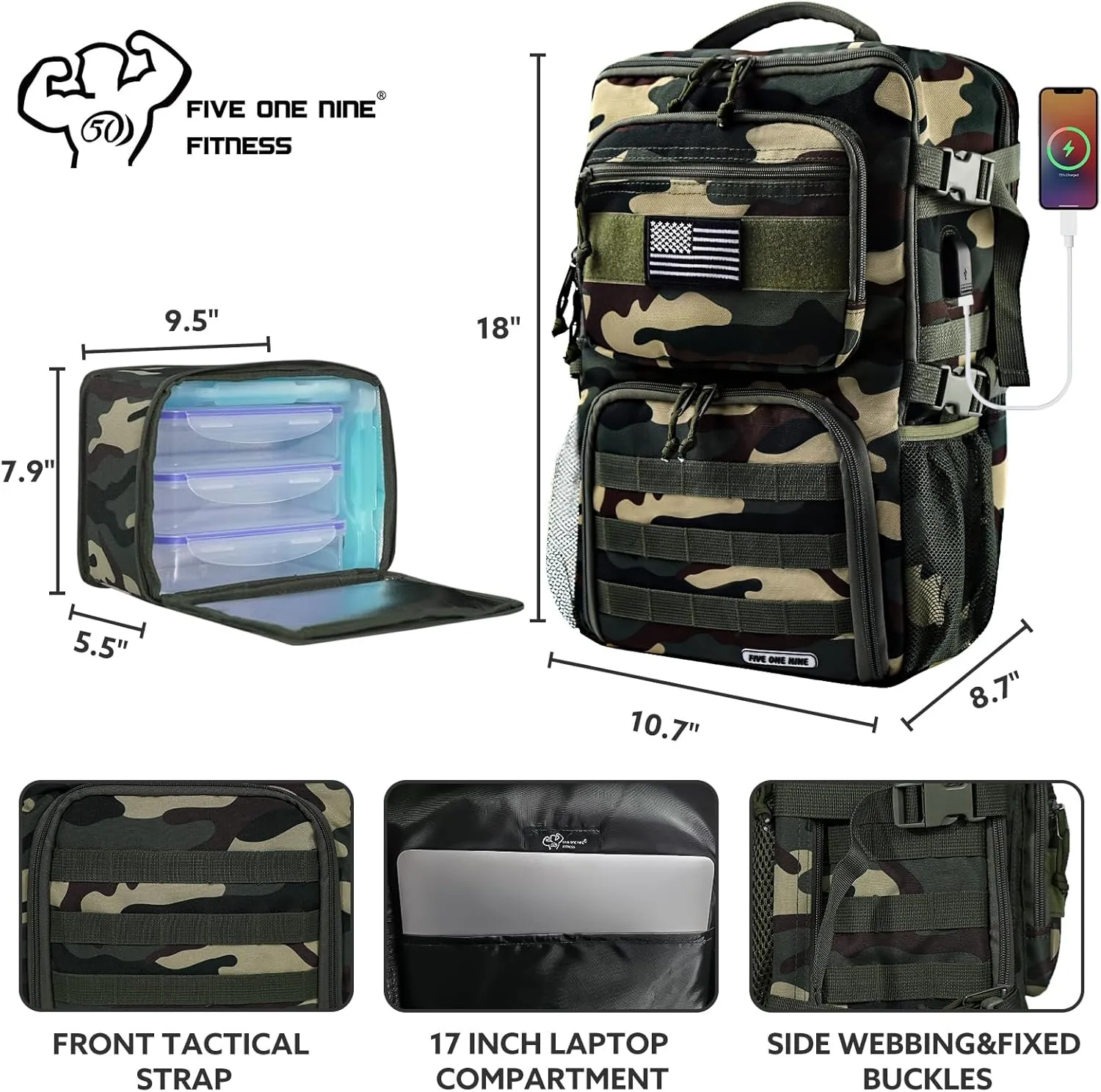 Tactical Meal Prep Backpack,519 Fitness Insulated Lunch Backpack with Removable Meal Compartment,16 Hours Insulation,Hiking Lunch Rucksack with Molle,Heavy Duty Hydration Backpack (Green Camo)