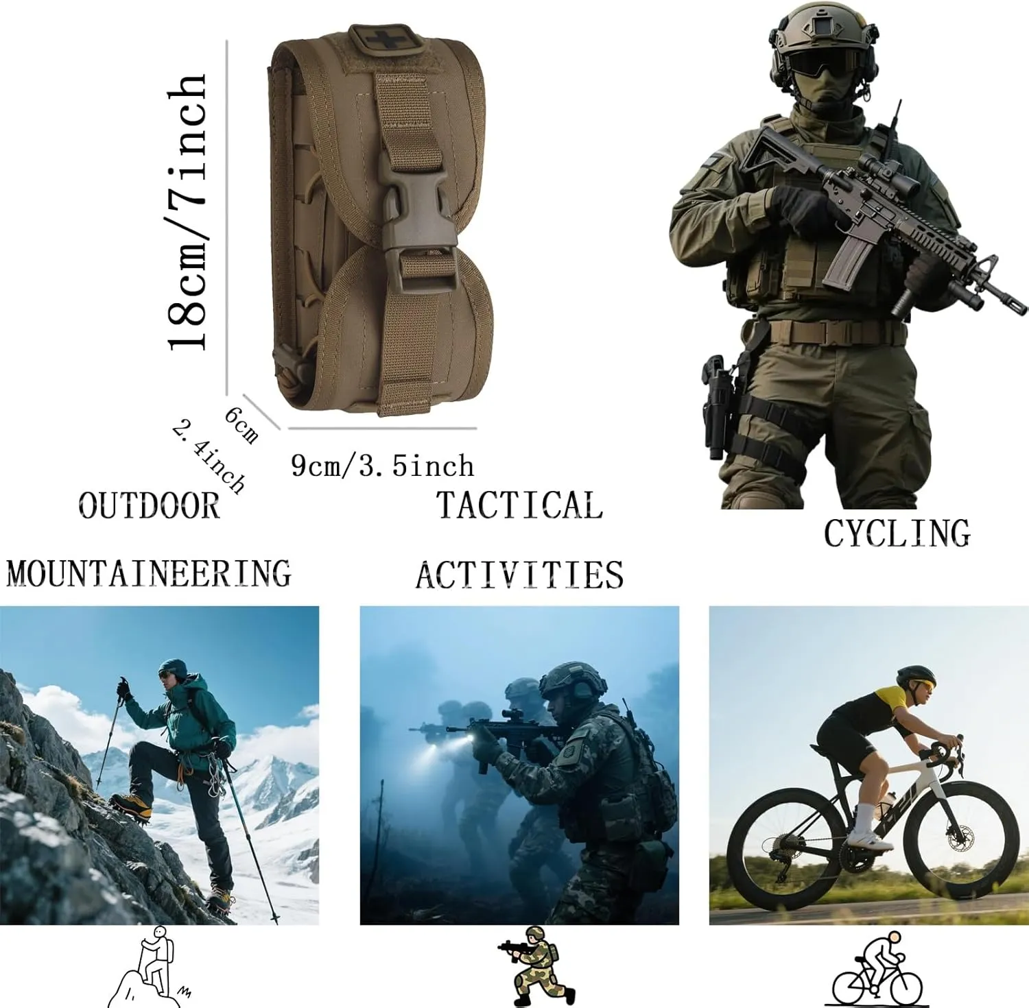 Tactical med Pouch Emergency First Aid Kit, Empty IFAK Pouch Security Survival Gear Hot Suppressor Pouch Heat Insulation, Multi-Purpose Molle Pouch Holder Small(Brown)