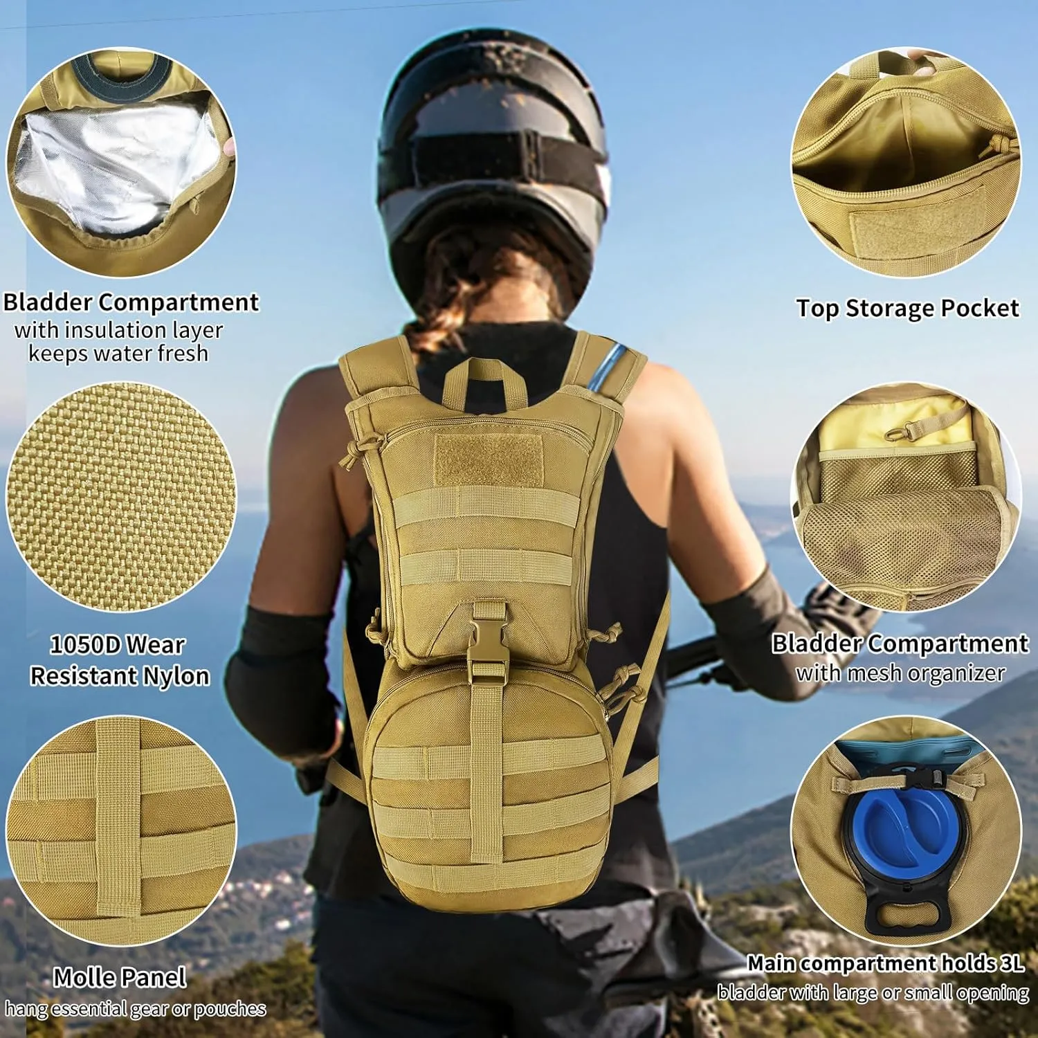 Tactical Molle Hydration Backpack Pack, Military Insulated Water Backpack with 3L Water Bladder for Hiking Running Biking Cycling