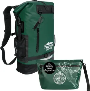 Tactiko 30L 100% Waterproof Backpack & 2L Splashproof Tarpaulin Zipper Pouch - Roll Top Dry Bag for Watersports & Travel Bag - Protection from Water, Mud, Sand, Outdoor, Camping (Green)