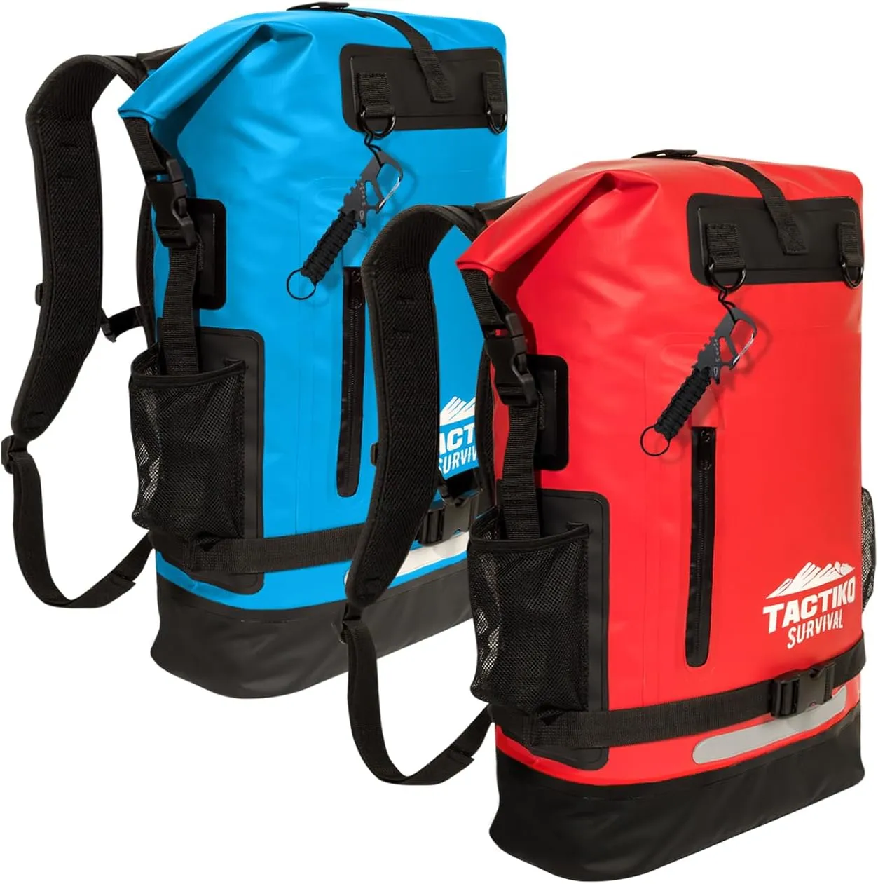 TACTIKO 35L 100% Waterproof Backpack Bundle - Plus Multitool Carabiner & Mash Bag - Marine Roll Top Floating Dry Bags for Kayaking, Watersports, Camping, Survival (Blue & Red)