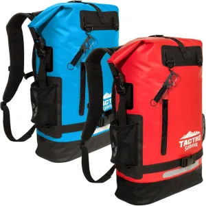 TACTIKO 35L 100% Waterproof Backpack Bundle - Plus Multitool Carabiner & Mash Bag - Marine Roll Top Floating Dry Bags for Kayaking, Watersports, Camping, Survival (Blue & Red)