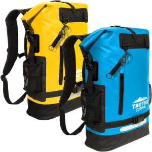 TACTIKO 35L 100% Waterproof Backpack Bundle - Plus Multitool Carabiner & Mash Bag - Marine Roll Top Floating Dry Bags for Kayaking, Watersports, Camping, Survival (Blue & Yellow)